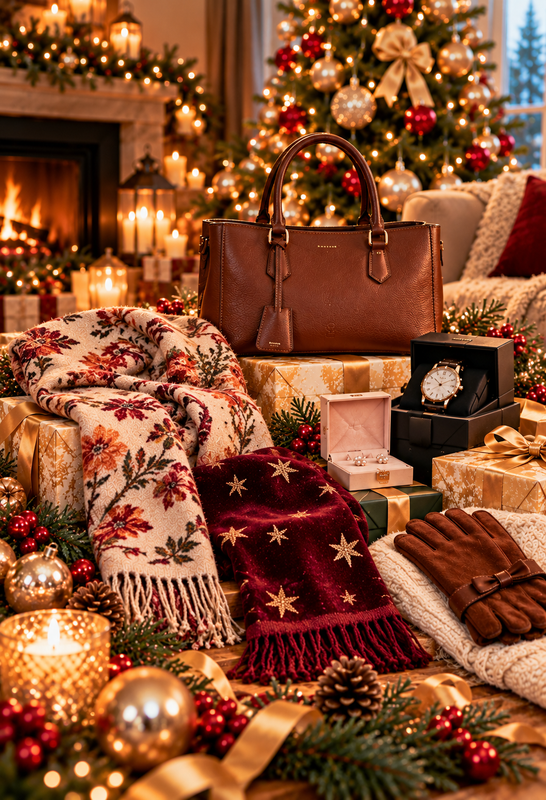 Luxury Christmas gift display featuring a brown leather handbag, floral scarves, jewellery, a watch and leather gloves surrounded by festive decorations and beautifully wrapped presents.