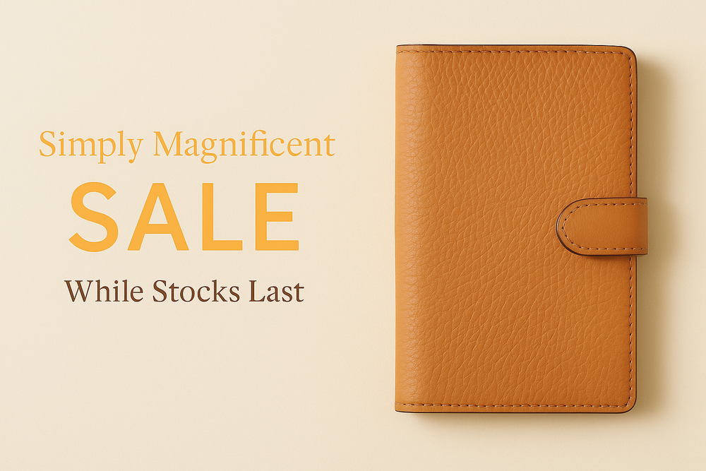 Simply Magnificent Summer SALE desktop banner with tan leather accessory on cream background and text “While Stocks Last”