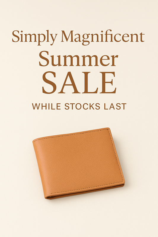 Simply Magnificent Summer SALE mobile banner with tan leather wallet on cream background and text “While Stocks Last”