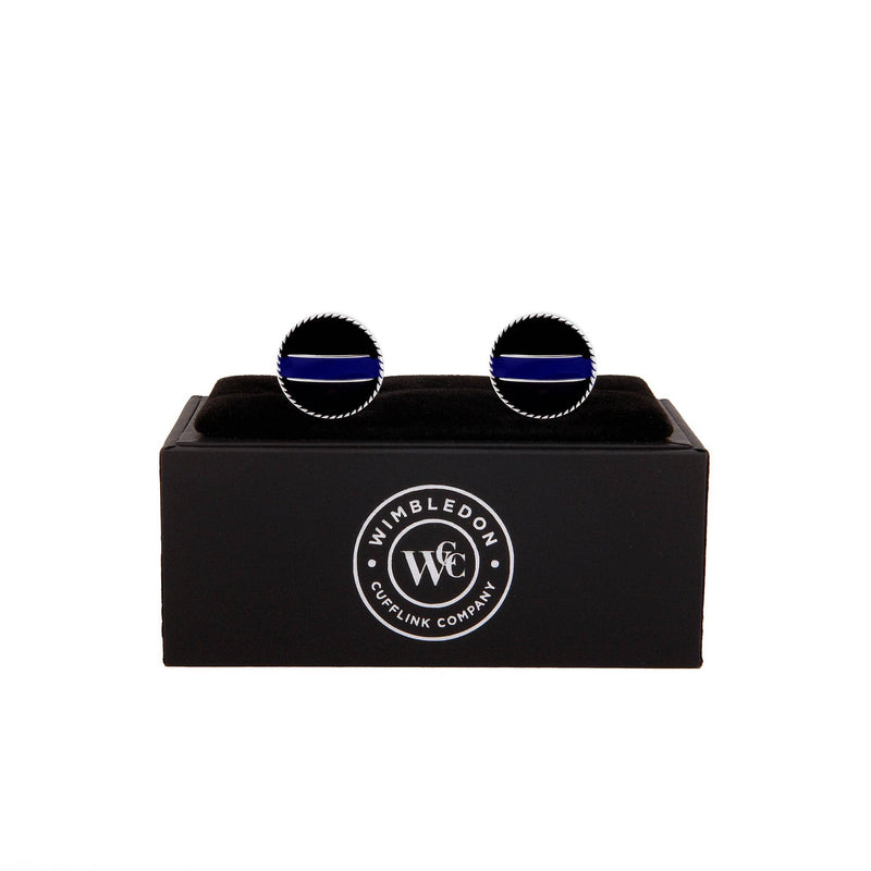 Thin Blue Line Silver Cufflinks displayed in a premium gift box.