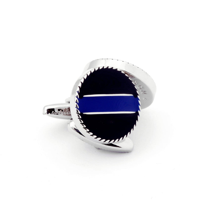 Side view of Thin Blue Line Silver Cufflinks showing polished silver finish and craftsmanship