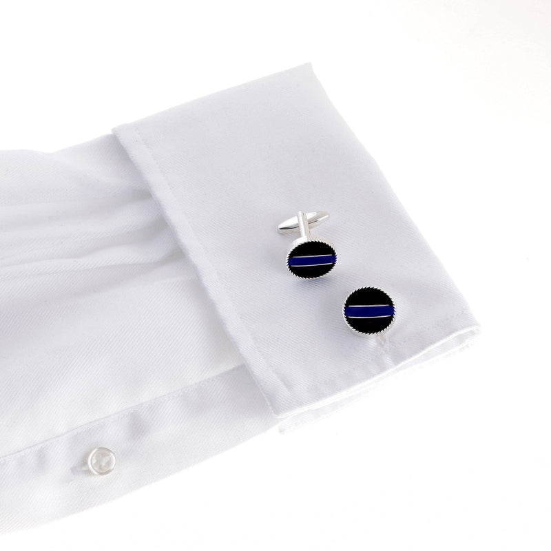 Thin Blue Line Silver Cufflinks worn with formal attire, symbolising law enforcement support.