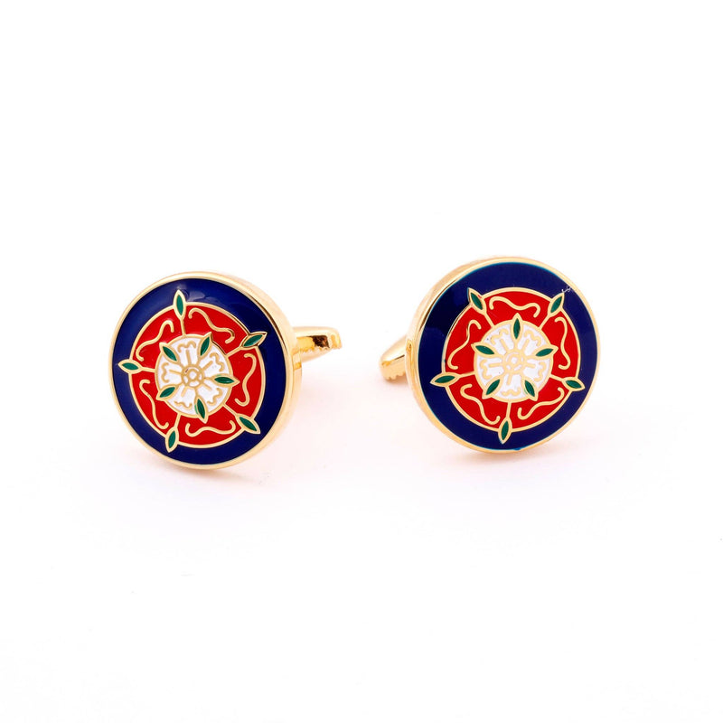 Close-up of Tudor Rose Gold Cufflinks showing detailed red and white rose design.