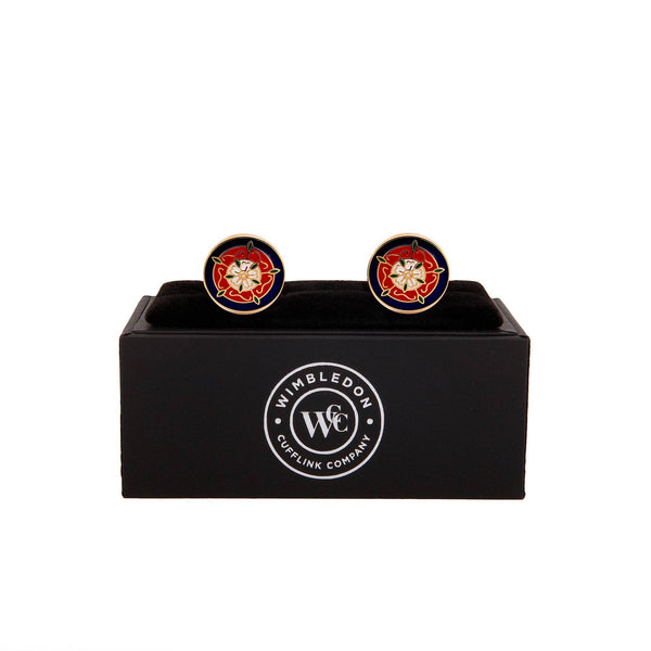 Tudor Rose Gold Cufflinks displayed in premium presentation gift box.