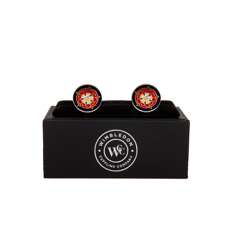 Tudor Rose Gold Cufflinks displayed in premium presentation gift box.