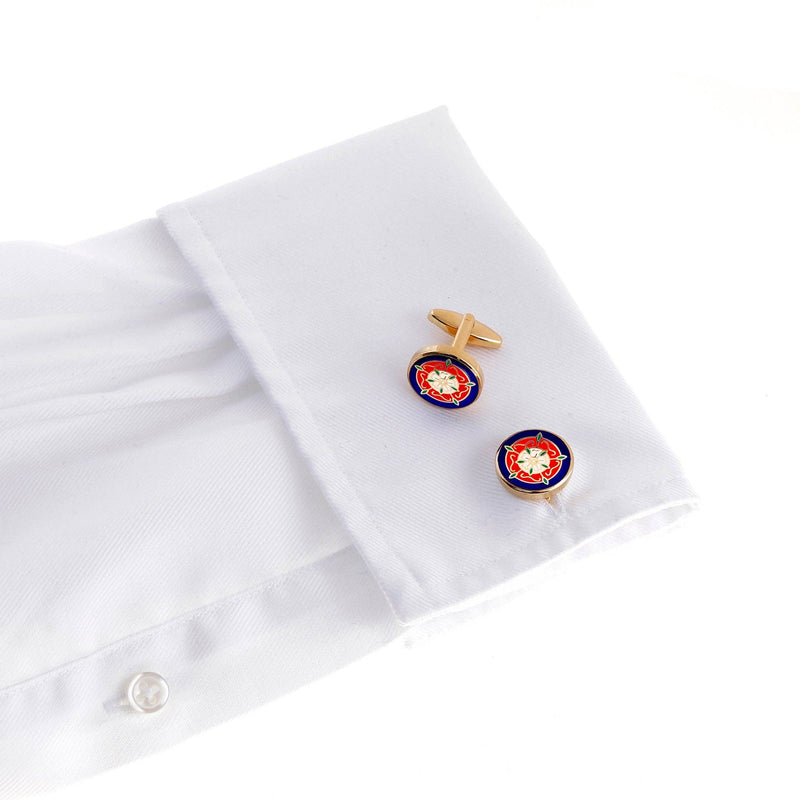 Tudor Rose Gold Cufflinks paired with formal attire, representing English heritage.