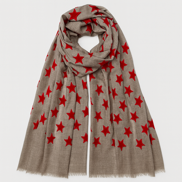 Velvet Star Cashmere Pashmina in natural and red tones with velvet detailing – cashmere and cotton blend.
