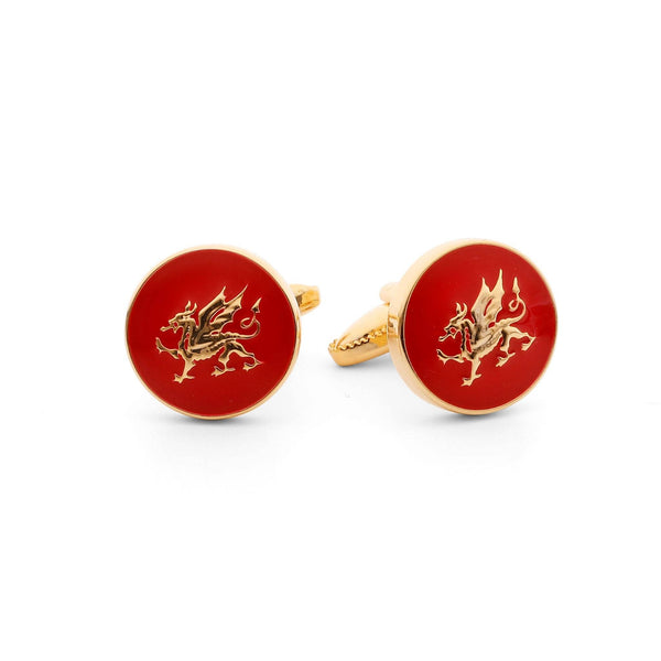 Close-up of Welsh Dragon Gold Cufflinks showcasing intricate dragon design.