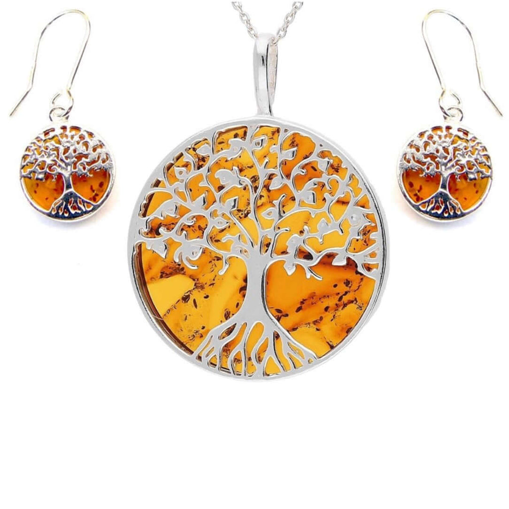 Sterling Silver Celtic Circle Of Life Necklace With Baltic Amber Pendant & Snake Chain - Women's Gift Set