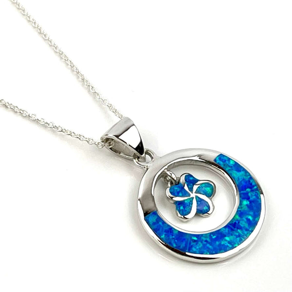 Blue Opal Flower in Round Pendant Necklace Media 1 of 6