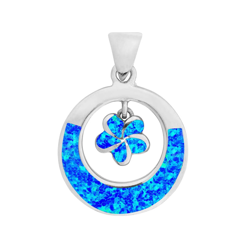 Blue Opal Flower in Round Pendant Necklace