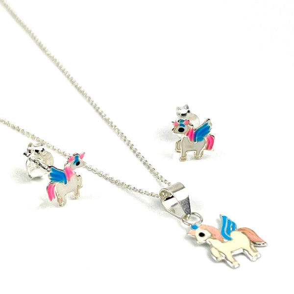 Enameled Unicorn necklace and Earrings Gift Set