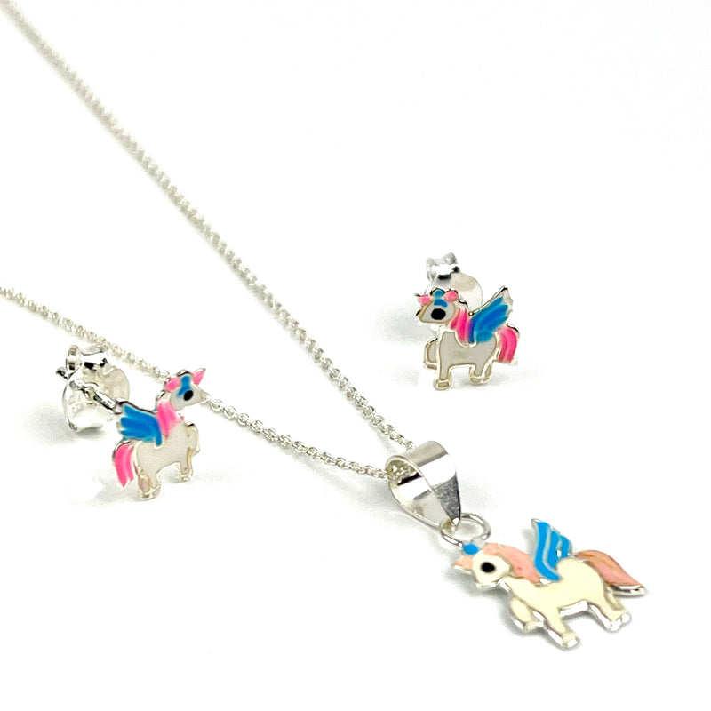 Enameled Unicorn necklace and Earrings Gift Set