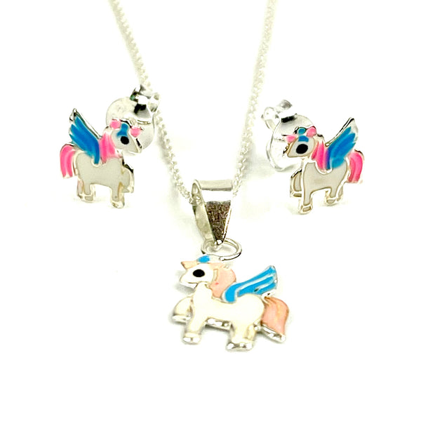 Enameled Unicorn necklace and Earrings Gift Set 2