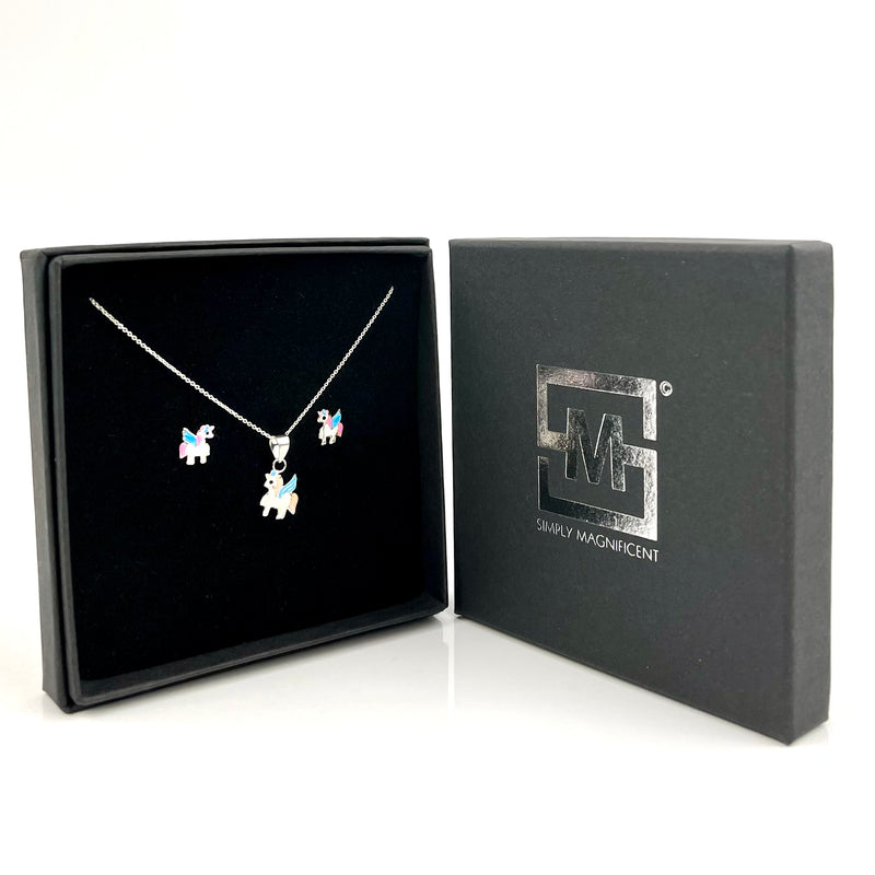 Enameled Unicorn necklace and Earrings Gift Set 3