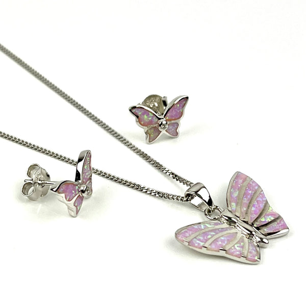 Sterling Silver Pink Opal Butterfly Necklace & Earrings Gift Set Media 1 of 7