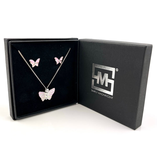 Sterling Silver Pink Opal Butterfly Necklace & Earrings Gift Set Media 6 of 7
