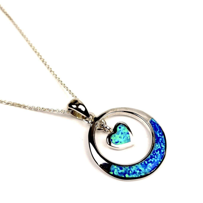 Blue Opal heart in round pendant necklace