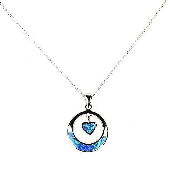 Blue Opal heart in round pendant front view