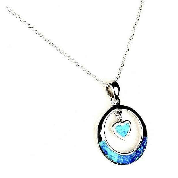 Blue Opal heart in round pendant necklace side view 