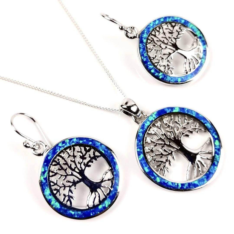 Blue Opal Tree of Life necklace and earrings set 