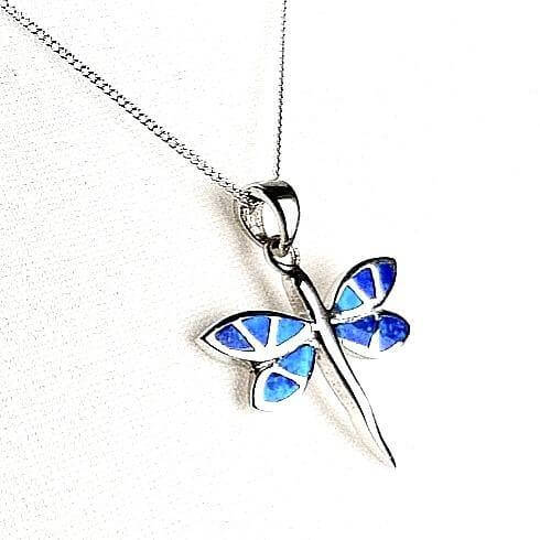 Blue Opal dragonfly pendant and chain side view