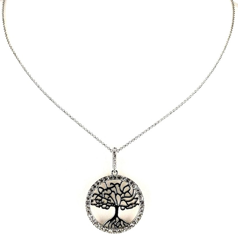 Rhodium Plated with Cubic Zirconia embellished Tree of Life Necklace