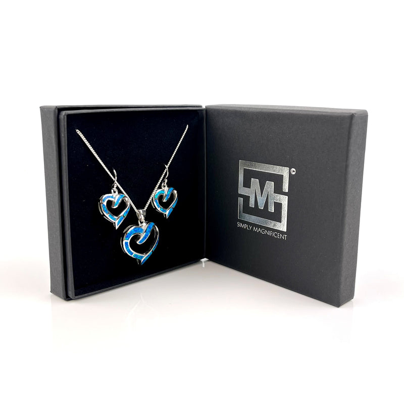 Sterling Silver Blue Opal Large Heart Necklace & Earrings Gift Set Media 4 of 7
