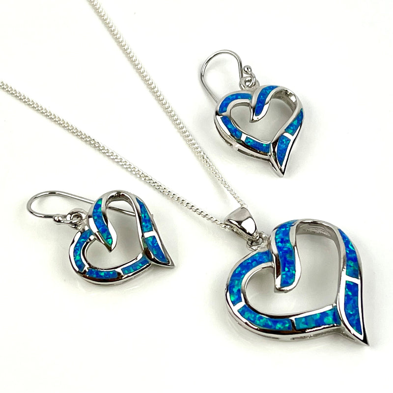 Sterling Silver Blue Opal Large Heart Necklace & Earrings Gift Set Media 1 of 7