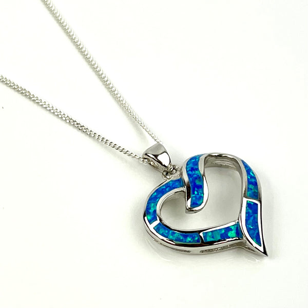 Sterling Silver Blue Opal Large Heart Necklace