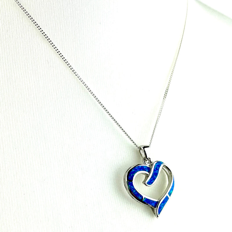 Sterling Silver Blue Opal Large Heart Necklace & Earrings Gift Set Media 2 of 7