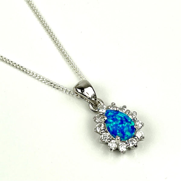 Sterling Silver Blue Opal & CZ Crystal Necklace Media 1 of 4