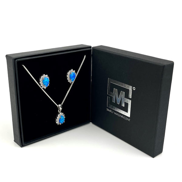 Sterling Silver Blue Opal & CZ Crystal Necklace & Earring Gift Set Media 5 of 6