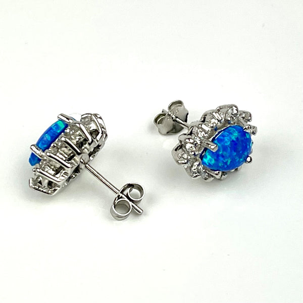 Sterling Silver Blue Opal & CZ Crystal Stud Earrings Media 1 of 3