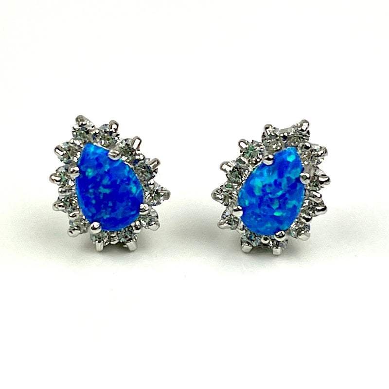 Sterling Silver Blue Opal & CZ Crystal Stud Earrings Media 1 of 3