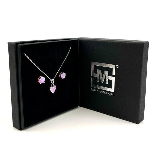 Sterling Silver Pink Opal Dainty Heart Necklace & Earrings Gift Set Media 5 of 6