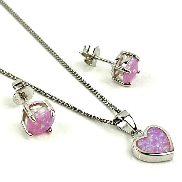 Sterling Silver Pink Opal Dainty Heart Necklace & Earrings Gift Set Media 1 of 6